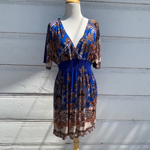 Boho Patterned Dress with Deep V - Picture 1 of 5